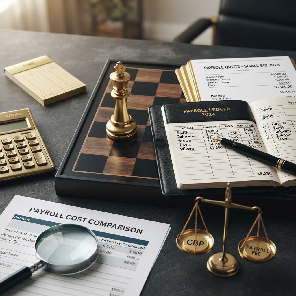 A polished silver and emerald chess king piece standing on a dark obsidian chessboard, beside an open black leather payroll ledger book showing neat rows of payroll cost line items and employee counts, a brass calculator with emerald buttons, a neat stack of emerald trimmed payroll quote documents and printed pay stubs, a small emerald bound time card booklet, a magnifying glass resting on a payroll cost comparison worksheet, and a small emeralden balance scale weighing emerald payroll coins, with a sleek black fountain pen with emerald nib resting on the ledger, all on a deep charcoal background with soft silver and emerald light, representing how much payroll services cost for small businesses for Chess Bookkeeping & Payroll.