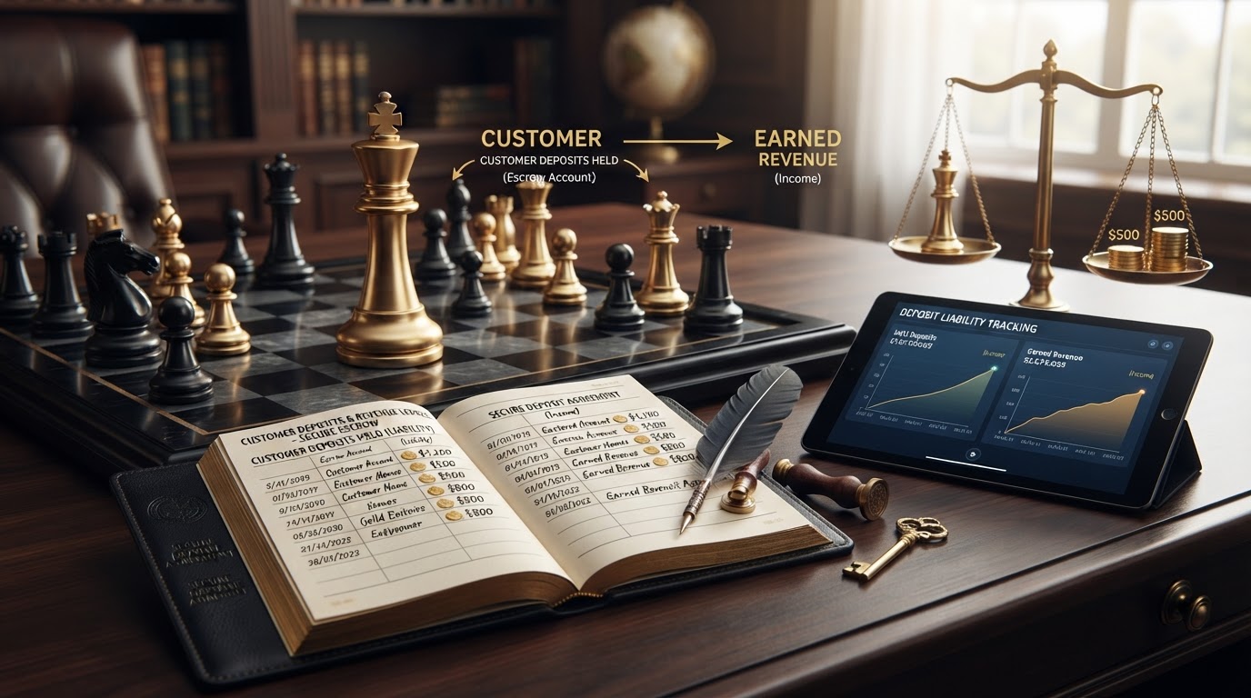 A dark obsidian chessboard with polished silver and emerald and black chess pieces, a tall emerald king chess piece standing upright and resolute beside an open black leather ledger book showing a customer deposit record with two clearly labeled columns, one titled Customer Deposits Held with rows of silver coins held in escrow and one titled Earned Revenue with rows of silver coins released, a sleek black tablet displaying a deposit liability tracking dashboard with held deposits and released deposits over time, a brass balance scale weighing a emerald chess piece against stacks of silver coins representing the balance between held customer deposits and earned revenue, a quill pen and a brass seal stamp resting on the open ledger page, a small emerald key symbolizing the deposit agreement, subtle emerald arrows showing money flowing from a customer into a held account and then released into earned revenue, representing how to record customer deposits properly for a small business, emerald and silver luxury chess style.