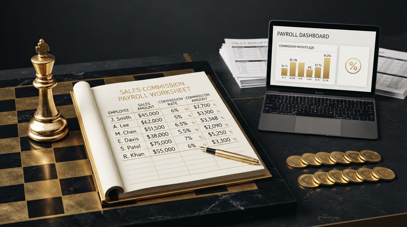 A polished silver and emerald chess king standing on a dark obsidian chessboard beside an open elegant emerald framed ledger book whose page shows a sales commission payroll worksheet with neat rows of employee names, sales amounts, commission rates, and commission amounts, small emerald percent sign icons beside each commission row, a emerald fountain pen resting on the last row, a small sleek laptop computer showing a clean commission payroll dashboard with a small emerald bar chart and a small emerald percent icon on its screen, a neat stack of printed sales reports in soft focus behind it, small silver coins arranged in two matching rows, all on a deep charcoal background with soft silver and emerald light, representing how to handle commissions in payroll.