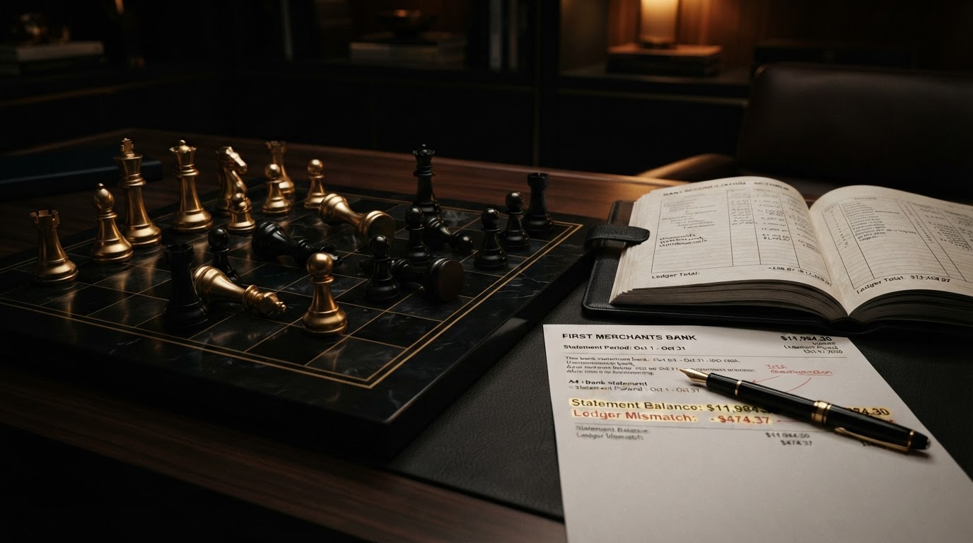 A dark obsidian chessboard with polished silver and emerald and black chess pieces, some pieces slightly displaced or knocked over suggesting disorder, beside an open black leather ledger book and a bank statement with mismatched totals highlighted in emerald, representing why small businesses struggle with monthly bookkeeping reconciliation, emerald and silver luxury chess style.