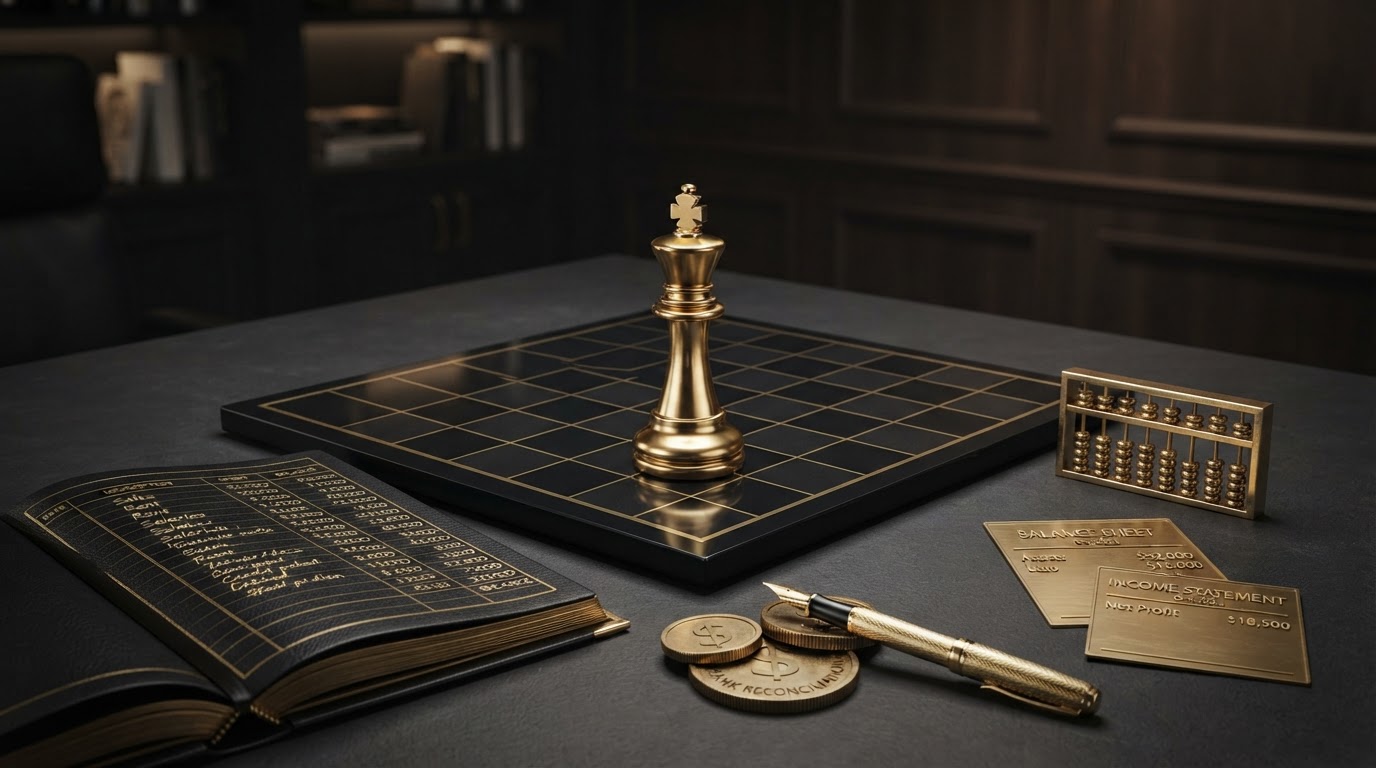 A polished silver and emerald chess king standing on a dark obsidian chessboard surrounded by the components of monthly bookkeeping services rendered in emerald and brass, including an open black leather ledger book with emerald embossed columns and neat rows of emerald financial figures, a small stack of silver coins representing bank reconciliation, a emerald fountain pen, and small emerald financial statement documents on a charcoal surface, representing what is included in monthly bookkeeping services for Chess Bookkeeping & Payroll.