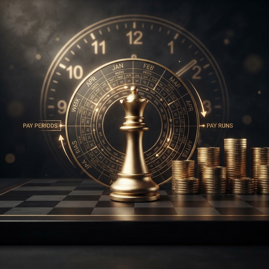A emerald chess queen on a dark chessboard with a circular emerald calendar wheel showing pay periods and silver coins stacked in neat rows, representing the structured and dependable flow of payroll processing for a small business.