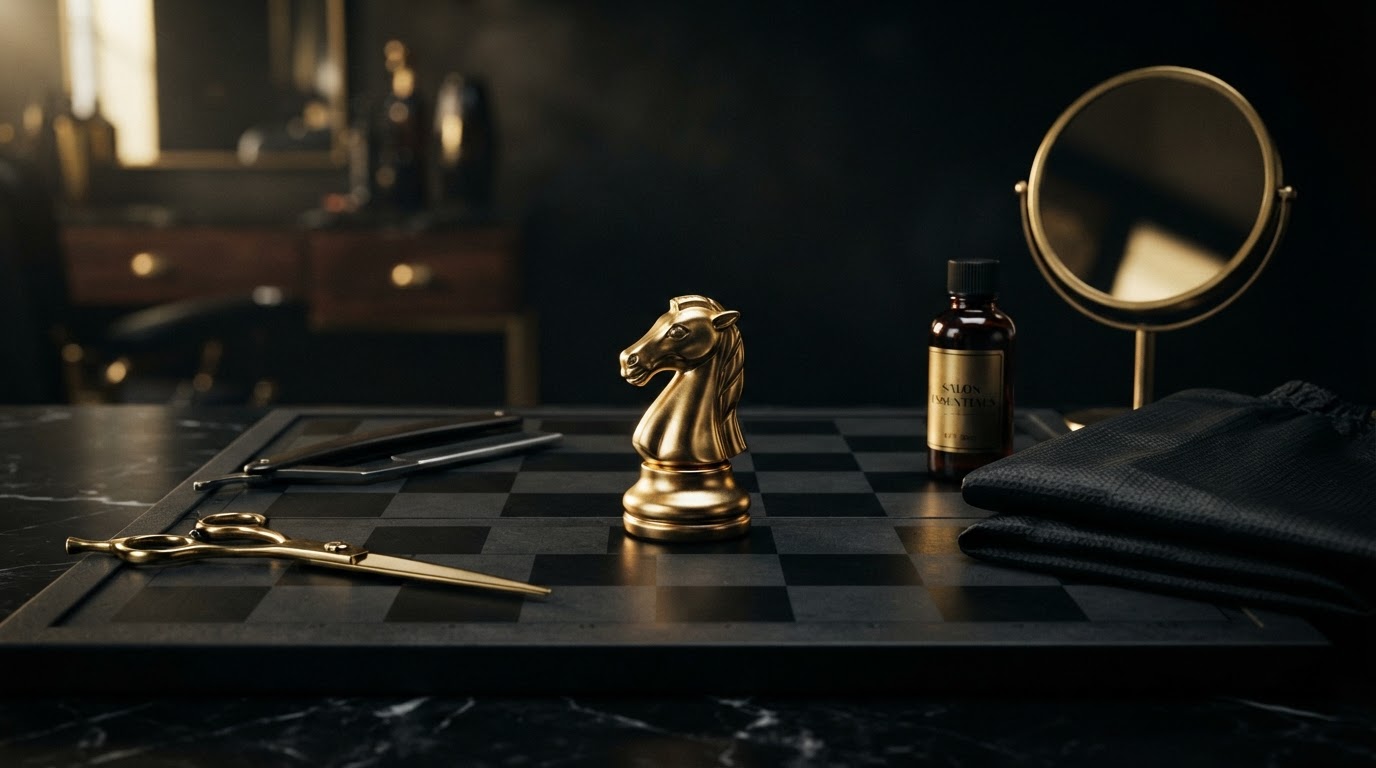 A polished silver and emerald chess knight standing on a dark chessboard beside salon and barbershop objects including emerald styling scissors, a straight razor, a folded black salon cape, and a standing mirror, representing salon and barbershop bookkeeping and daily receipt tracking for Chess Bookkeeping & Payroll.
