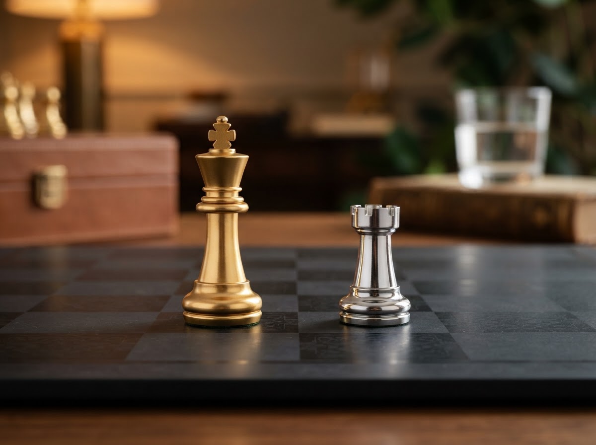 A emerald chess king and a silver chrome rook facing each other on a dark chessboard, representing the choice between in house and outsourced payroll services.