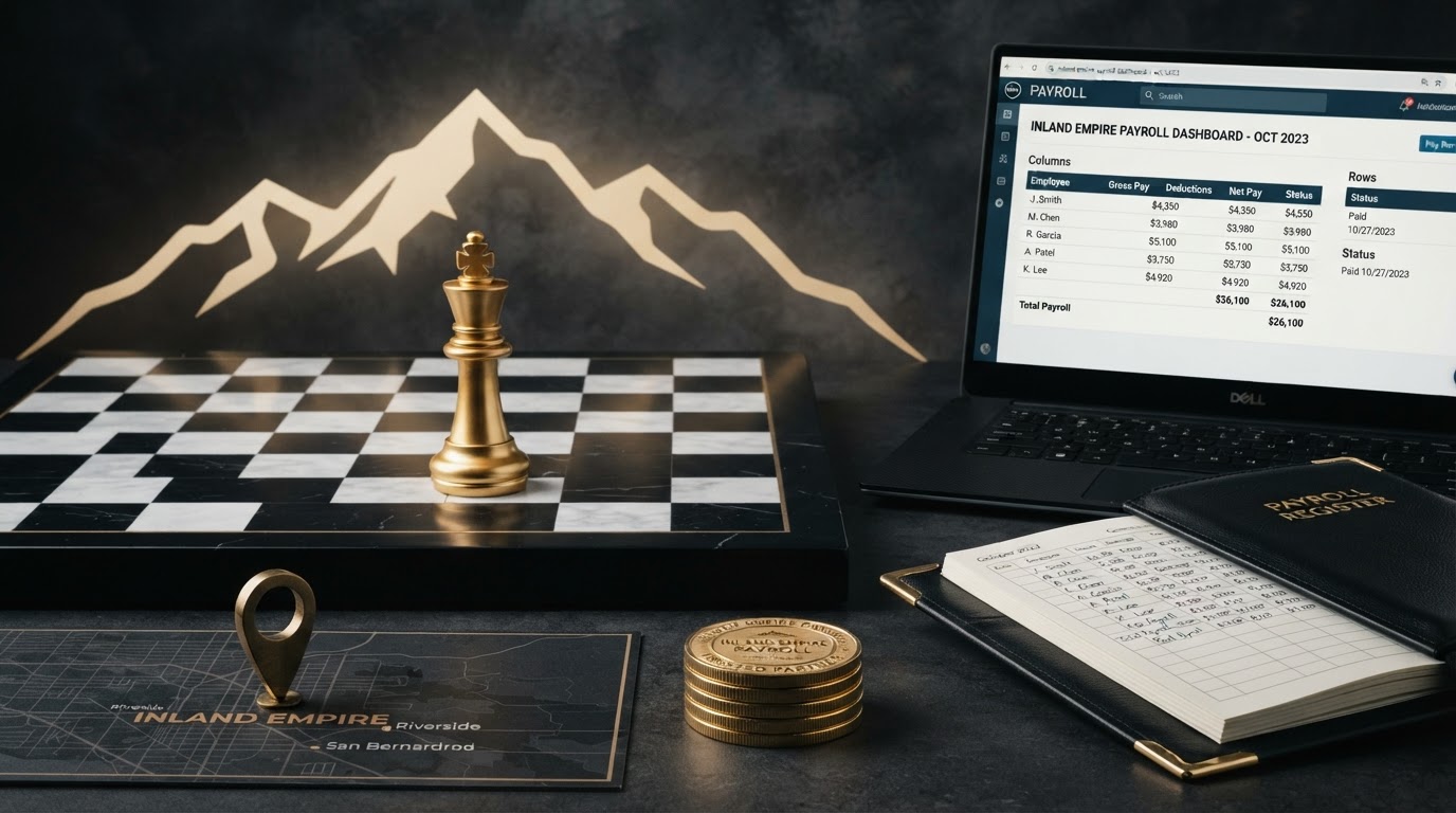 A polished silver and emerald chess king piece standing on a dark obsidian chessboard with a stylized silver and emerald mountain range behind it representing the Inland Empire, beside a sleek black laptop showing a clean payroll software dashboard with rows of pay run figures, an open black leather ledger book with emerald corner accents showing neat payroll register columns, a small brass location pin resting on a dark map grid, and a small neat stack of emerald payroll coins, all on a deep charcoal background with soft silver and emerald light, representing why Inland Empire businesses outsource payroll for Chess Bookkeeping & Payroll.