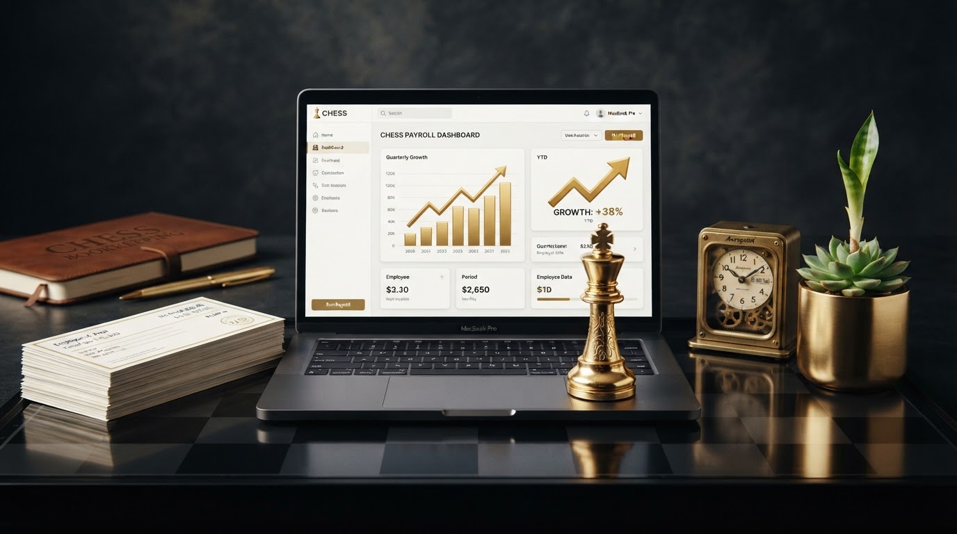 A polished silver and emerald chess king piece standing on a dark obsidian chessboard, beside a sleek laptop showing a clean payroll dashboard with a small upward trending emerald bar chart and a rising emerald growth arrow on its screen, a neat stack of emerald trimmed employee pay stubs, a small brass time clock, and a small emerald potted plant sprouting a new upward growth, all on a deep charcoal background with soft silver and emerald light, representing how professional payroll services support long term business growth for a small business for Chess Bookkeeping & Payroll.