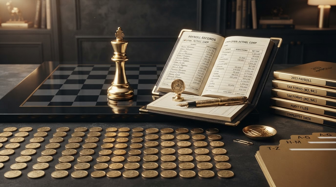 A polished silver and emerald chess king standing on a dark obsidian chessboard beside an open elegant emerald framed ledger book and a neat stack of emerald bound payroll record folders and document sleeves, with small silver coins and emerald tokens arranged in organized rows and columns representing employee payroll records, plus a emerald fountain pen and a small emerald seal stamp resting on the ledger, and a tidy arrangement of emerald paperclips and emerald file tabs, all on a deep charcoal background with soft silver and emerald light, representing payroll records and what employers should keep for their payroll recordkeeping.