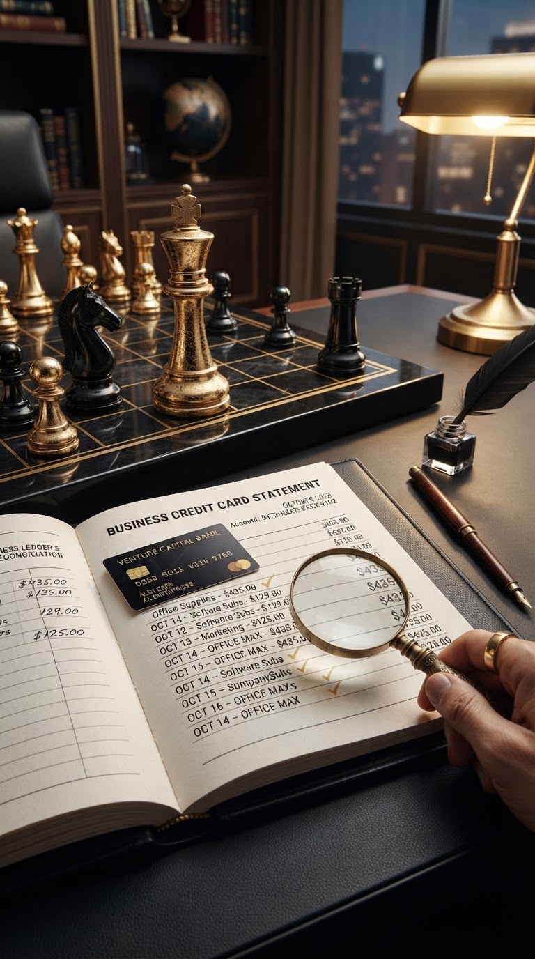 A dark obsidian chessboard with polished silver and emerald and black chess pieces, a tall emerald king chess piece standing upright and resolute beside an open black leather ledger book and a business credit card statement being carefully reconciled line by line, a sleek emerald and silver business credit card resting on the open ledger page with subtle emerald checkmarks beside matched entries, a brass magnifying glass and a quill pen, representing how to reconcile business credit card statements for a small business, emerald and silver luxury chess style.
