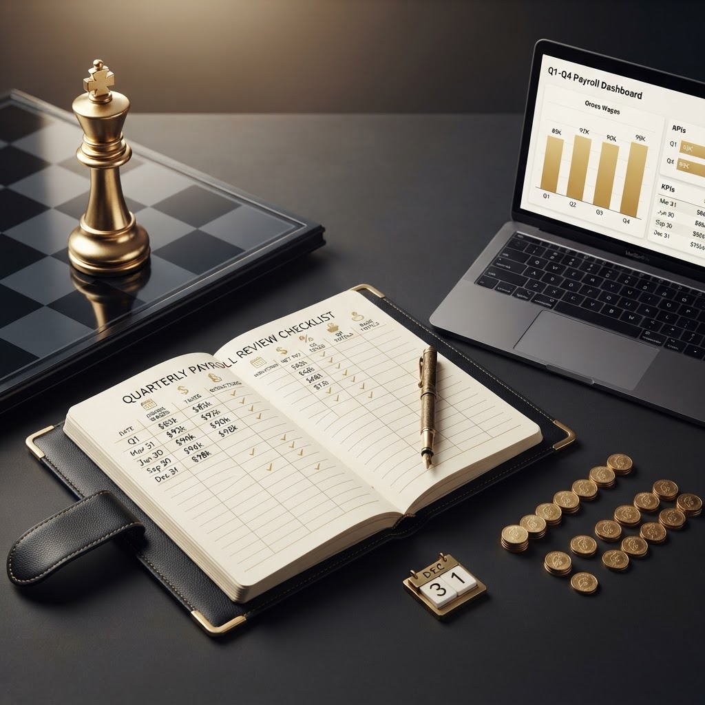 A polished silver and emerald chess king standing upright on a dark obsidian chessboard beside an open elegant black leather ledger book with emerald corner accents whose page shows a quarterly payroll review checklist worksheet with neat rows and columns labeled with small emerald icons for quarter end date, gross wages, taxes, deductions, net pay, employer taxes, register totals, and bank totals, emerald checkmarks beside reconciled rows, a small emerald calendar token set to quarter end, a brass fountain pen resting on the open page, a small sleek laptop showing a clean quarterly payroll review dashboard with a small emerald bar chart comparing four quarters on its screen, several small silver coins arranged in four tidy rows representing four quarters, all on a deep charcoal background with soft silver and emerald light, representing how to create a quarterly payroll review checklist.