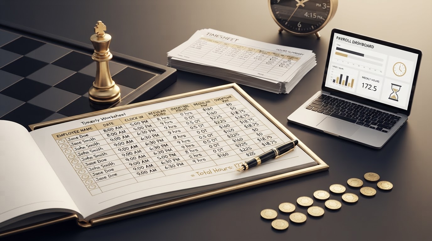 A polished silver and emerald chess king standing on a dark obsidian chessboard beside an open elegant emerald framed ledger book whose page shows a payroll timesheet worksheet with neat rows of hourly clock in and clock out times, hours worked, regular pay, and overtime pay columns, small emerald clock icons beside each row, a small emerald equals sign with a total hours figure at the bottom, a emerald fountain pen resting on the last row being totaled, a small sleek laptop computer showing a clean time tracking dashboard with a small emerald clock icon and a small emerald hourglass icon on its screen, a neat stack of printed timesheets and a wall clock in soft focus behind it, small silver coins arranged in two matching rows, all on a deep charcoal background with soft silver and emerald light, representing how to manage payroll for hourly employees.