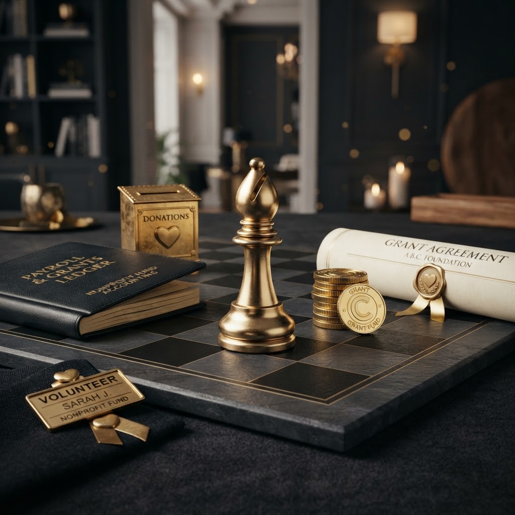 A polished silver and emerald chess bishop standing on a dark charcoal chessboard beside nonprofit organization payroll objects including a emerald donation box with a heart, a folded black ledger book, a emerald volunteer badge, a stack of silver coins, and a rolled grant document, representing nonprofit payroll, grant funded positions, fund accounting, restricted funds, and employee wages for Chess Bookkeeping & Payroll.