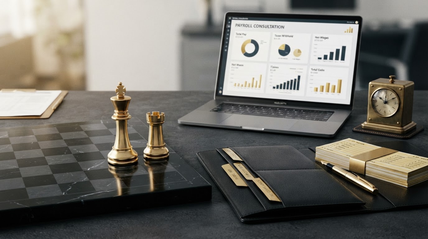 A polished silver and emerald chess king piece and a emerald rook standing on a dark obsidian chessboard, beside an open elegant black leather consultation folder with emerald embossed tabs and a emerald fountain pen, a small brass time clock, a neat stack of emerald trimmed employee pay stubs, and a sleek laptop showing a clean payroll dashboard with small emerald bar chart icons on its screen, all on a deep charcoal background with soft silver and emerald light, representing how to prepare for a payroll services consultation for a small business for Chess Bookkeeping & Payroll.