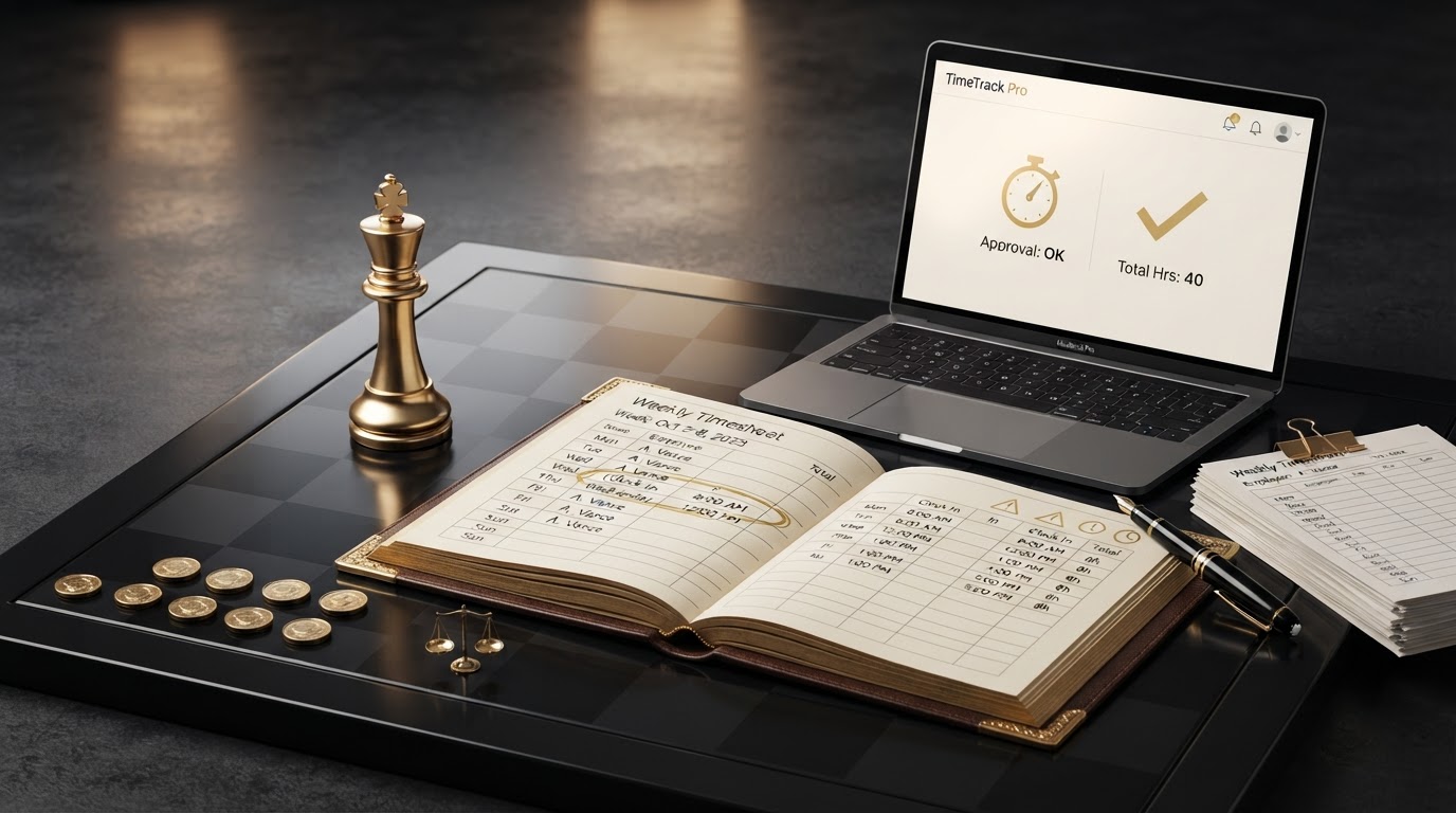 A polished silver and emerald chess king standing on a dark obsidian chessboard beside an open elegant emerald framed ledger book whose page shows a weekly timesheet grid with rows of clock in and clock out times, one row circled in emerald with a small emerald warning triangle icon and a small emerald clock icon to represent accurate time tracking for payroll, a small sleek laptop computer showing a clean time tracking dashboard with a small emerald stopwatch icon and a small emerald checkmark icon on its screen, a neat stack of paper timesheets and a emerald fountain pen resting on the ledger, small silver coins arranged in two rows with one coin moved back into place to show a corrected time entry, and a small emerald balance scale token, all on a deep charcoal background with soft silver and emerald light, representing why accurate time tracking matters for payroll.