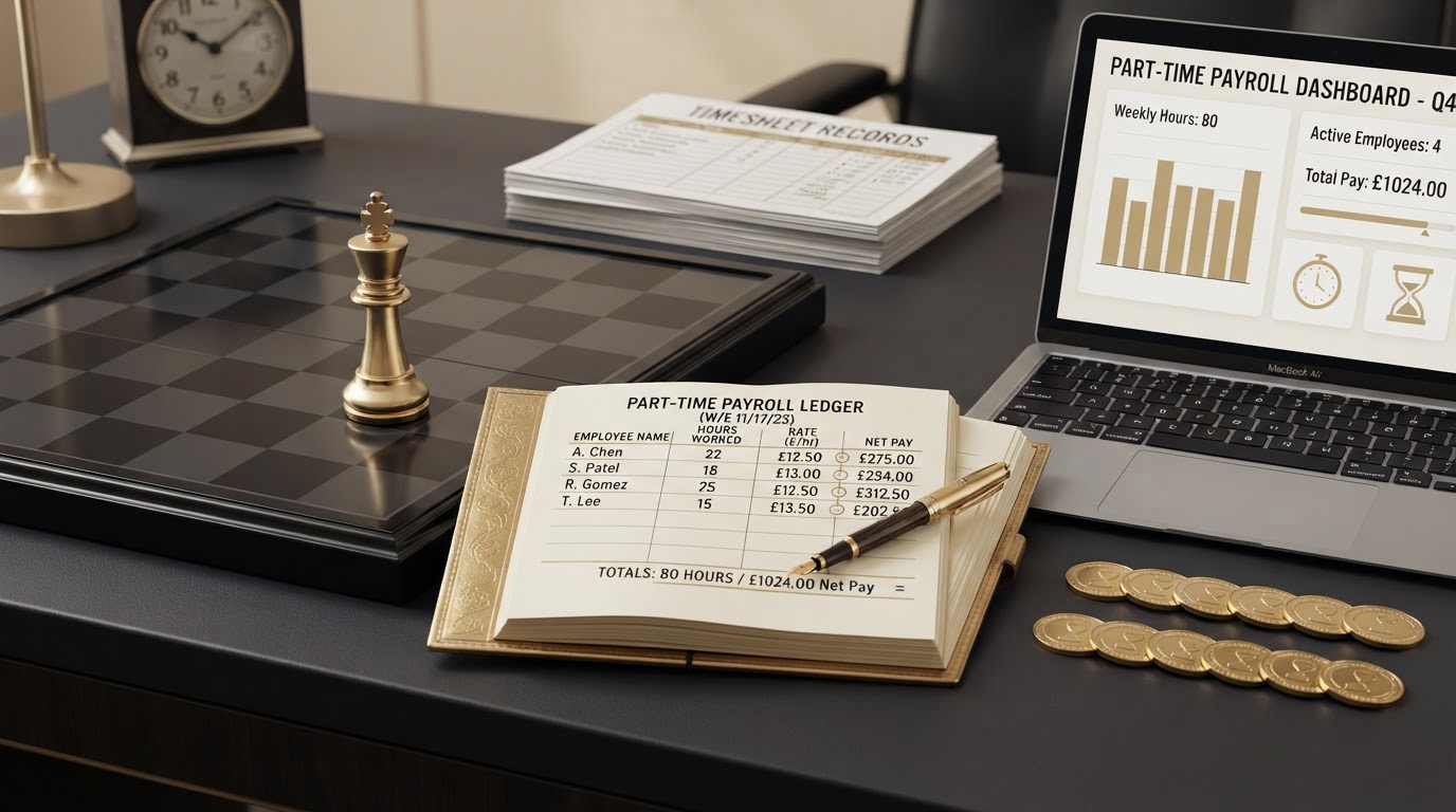 A polished silver and emerald chess king standing on a dark obsidian chessboard beside an open elegant emerald framed ledger book whose page shows a part time payroll worksheet with neat rows of employee names, hours worked, part time pay rates, and net pay columns, small emerald clock icons beside each row, a small emerald equals sign at the bottom, a emerald fountain pen resting on the last row, a small sleek laptop computer showing a clean part time payroll dashboard with a small emerald clock icon and a small emerald hourglass icon on its screen, a neat stack of printed timesheets and a wall clock in soft focus behind it, small silver coins arranged in two matching rows, all on a deep charcoal background with soft silver and emerald light, representing how to process payroll for part time employees.