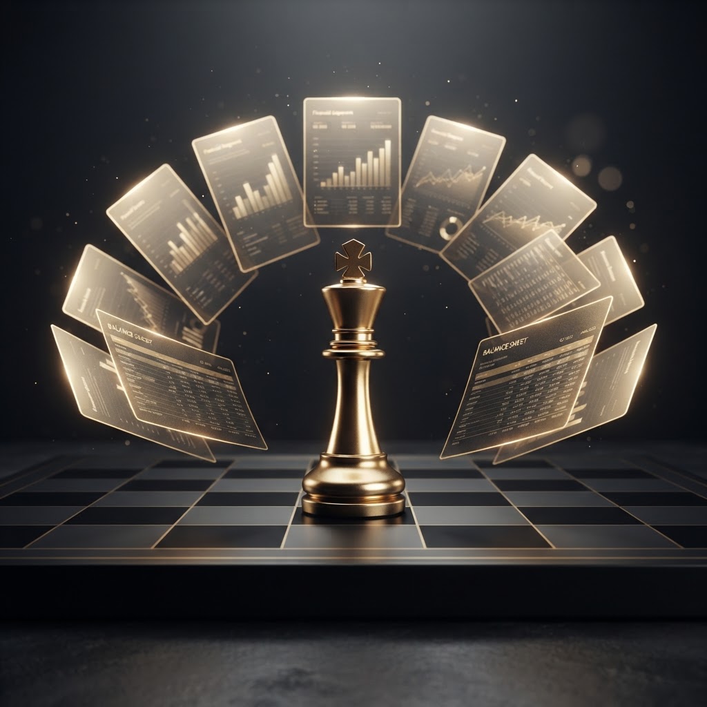 A emerald chess king on a dark chessboard surrounded by floating emerald financial report panels showing faint charts and ledger rows, representing the clarity that comes from reviewing the right financial reports for your small business.