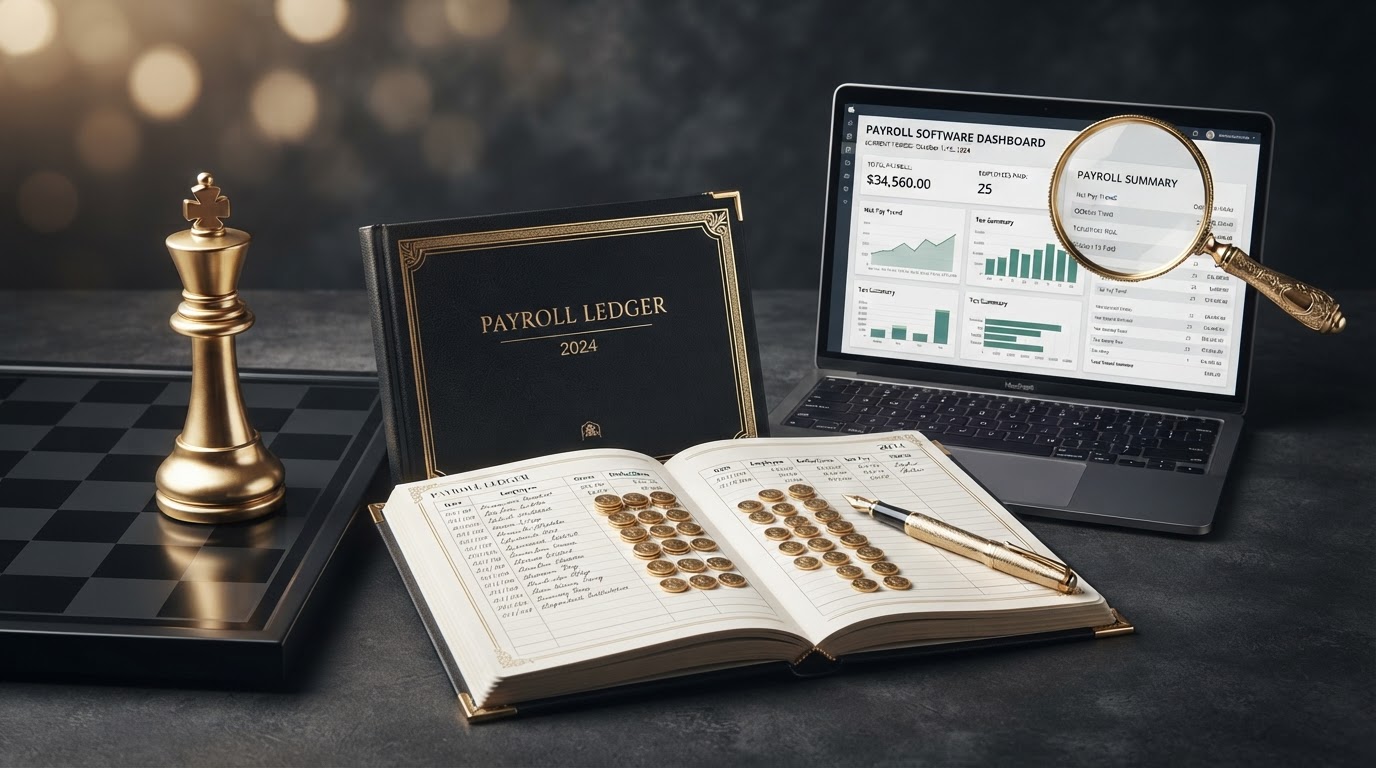 A polished silver and emerald chess king standing on a dark obsidian chessboard beside an open elegant emerald framed ledger book, with a small sleek laptop computer showing a clean payroll software dashboard on its screen, small silver coins arranged in neat rows on the ledger representing payroll runs, a emerald fountain pen resting on the ledger, and a small emerald magnifying glass hovering over the laptop screen representing choosing and evaluating payroll software for a small business, all on a deep charcoal background with soft silver and emerald light.