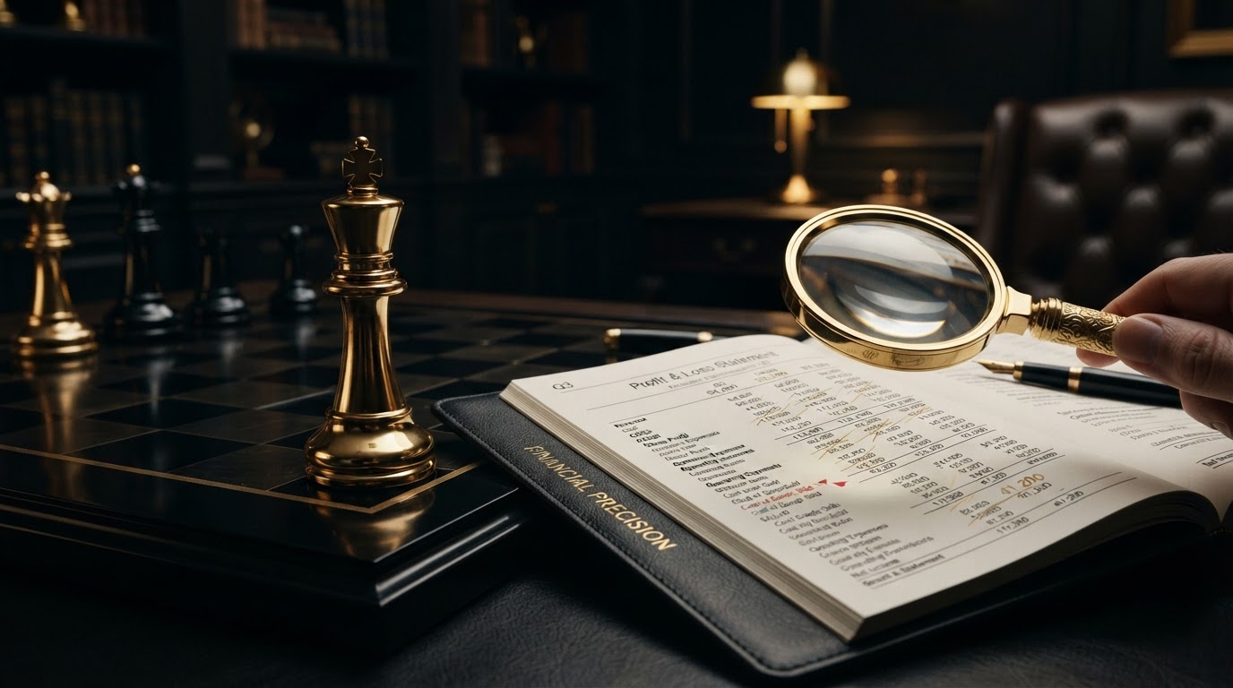 A dark obsidian chessboard with a polished silver and emerald chess king standing beside an open black leather ledger book showing a profit and loss statement with several incorrect figures crossed out and corrected in emerald ink, and a emerald magnifying glass hovering over a flagged error on the income statement, representing why a profit and loss statement may be inaccurate and how to find and fix the errors.