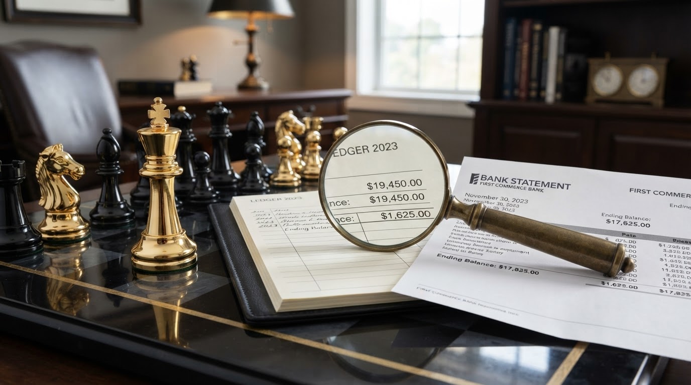 A dark obsidian chessboard with polished silver and emerald and black chess pieces, a emerald king piece standing upright beside an open black leather ledger book and a printed bank statement placed side by side showing different ending balances with a visible numerical gap between them, a brass magnifying glass hovering over the two documents highlighting the mismatch, representing why your books do not match your bank statements in bookkeeping for a small business, emerald and silver luxury chess style.