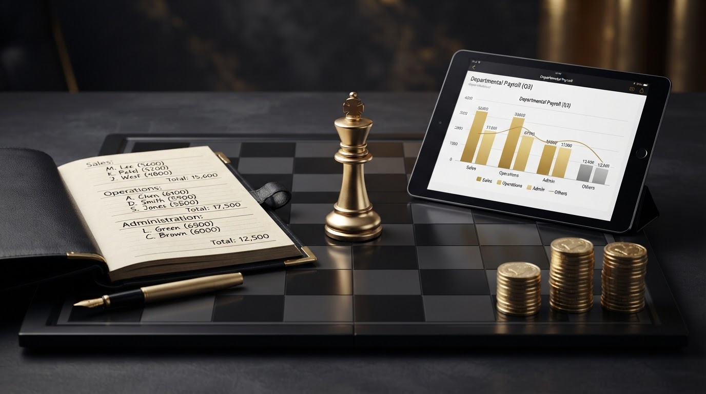 A polished silver and emerald chess king standing upright on a dark obsidian chessboard beside payroll objects for a business with multiple departments, including an open elegant black leather ledger book with emerald corner accents whose page is divided into several labeled department sections each showing employee rows with pay columns and a department subtotal, a sleek black tablet displaying a clean departmental payroll dashboard with several department groups shown as emerald bar charts side by side, three neat separate stacks of silver coins representing payroll allocated to different departments, a brass fountain pen resting on the open page, all on a deep charcoal background with soft silver and emerald light, representing payroll for a business with multiple departments.