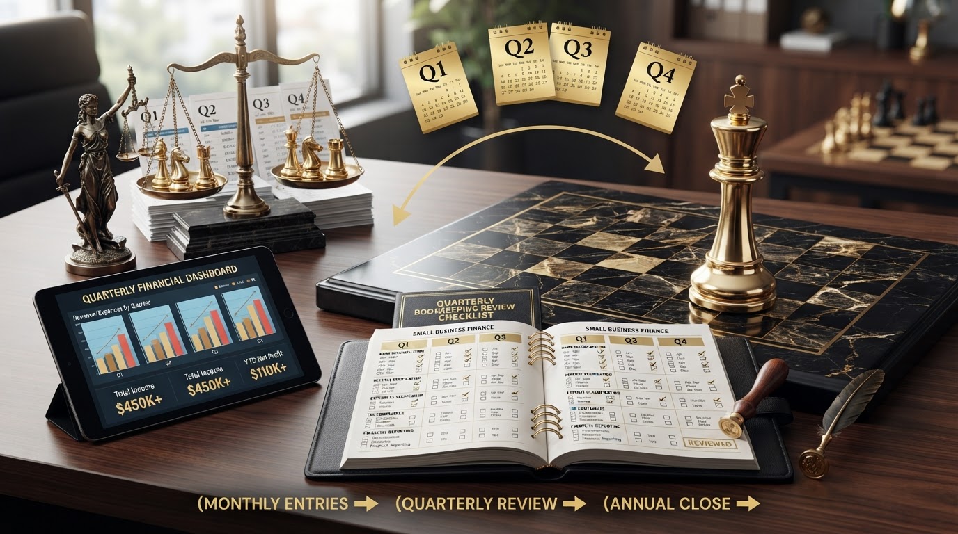 A dark obsidian chessboard with polished silver and emerald and black chess pieces, a tall emerald king chess piece standing upright and resolute beside an open black leather ledger book showing a quarterly bookkeeping review checklist with four quarterly columns, each column containing a grid of checklist items with emerald checkmarks and unchecked boxes, a sleek black tablet displaying a quarterly financial review dashboard with bar charts and trend lines for each quarter, a brass balance scale weighing emerald chess pieces against organized stacks of quarterly financial reports, emerald calendar pages showing the four quarters of the year arranged in a clockwise arc, a quill pen and a brass seal stamp resting on the open ledger page, subtle emerald arrows showing the flow from monthly entries to quarterly review to annual close, representing how to build a quarterly bookkeeping review checklist for a small business, emerald and silver luxury chess style.