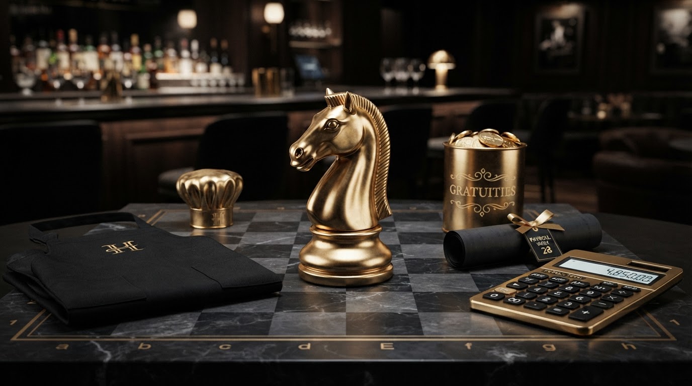 A polished silver and emerald chess knight piece standing on a dark charcoal chessboard beside restaurant and hospitality payroll objects including a emerald chef hat, a folded black waiter apron, a emerald tip jar filled with silver coins, a rolled receipt document, and a emerald calculator, representing restaurant and hospitality payroll, tipped employee wages, tip credits, and shift differential tracking for Chess Bookkeeping & Payroll.