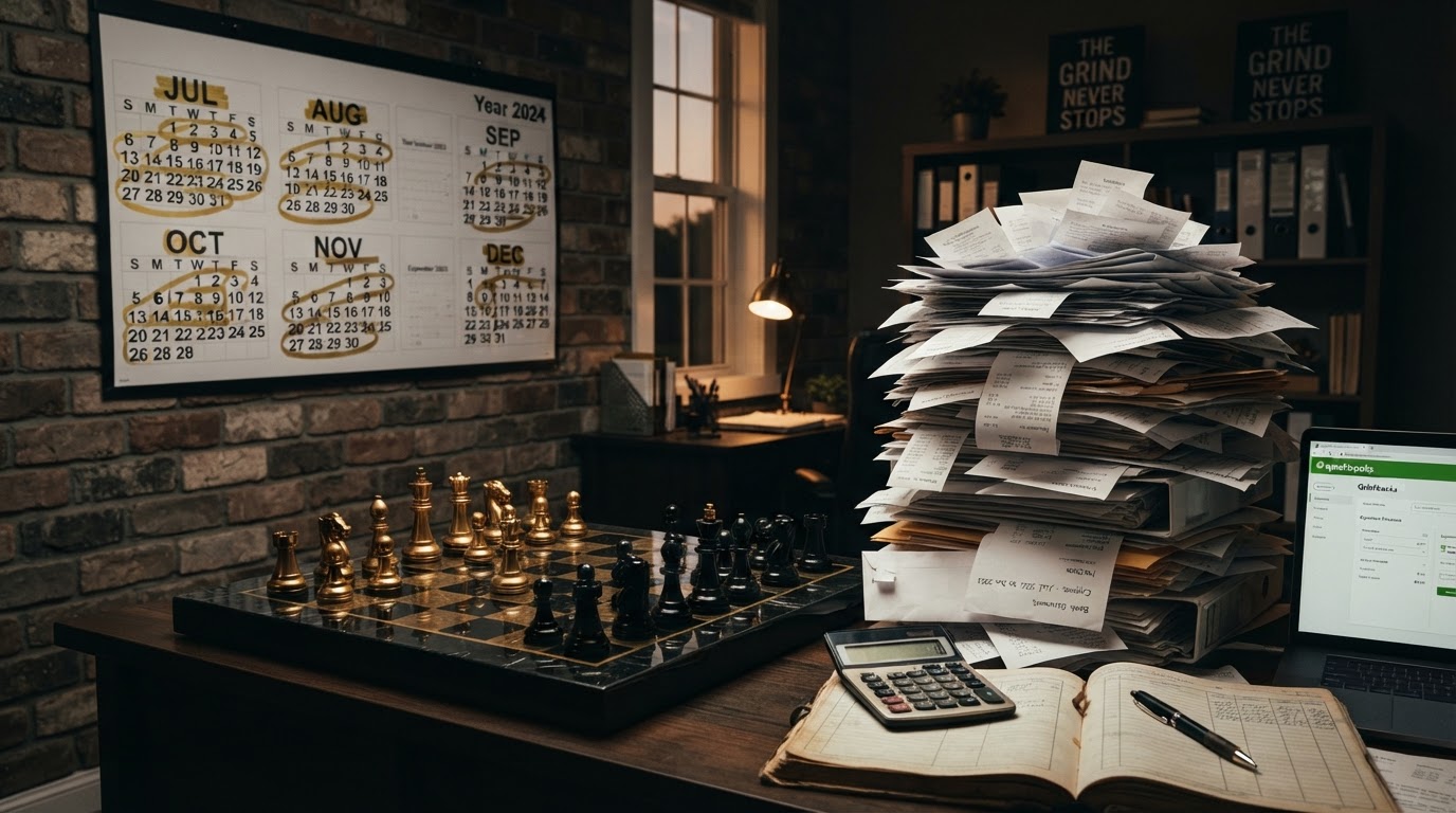 A dark obsidian chessboard with polished silver and emerald and black chess pieces beside a tall stack of unfiled receipts and financial documents piling up, with a wall calendar showing six months highlighted in emerald marking the passage of time, representing a small business that has fallen six months behind on bookkeeping and needs to catch up its records, emerald and silver luxury chess style.