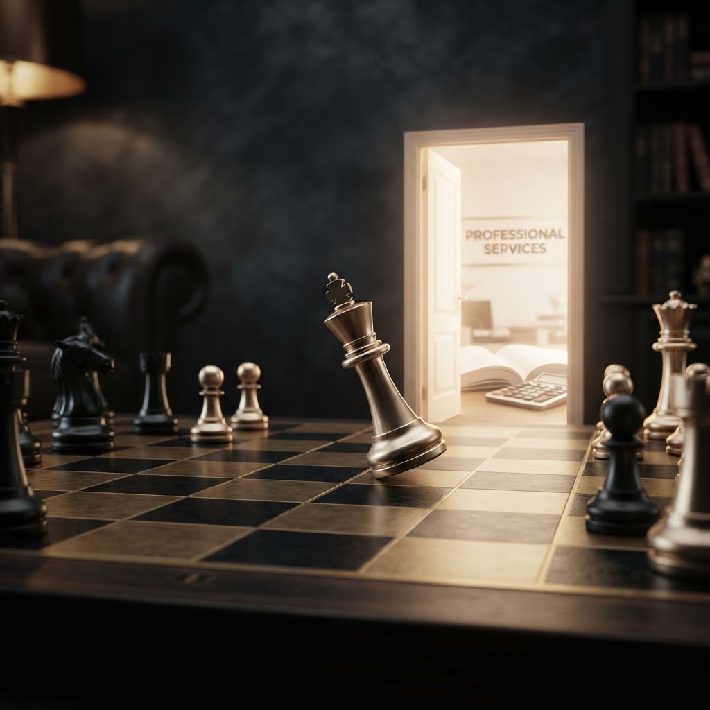 A emerald chess king reaching toward a glowing open doorway on a dark chessboard, representing the strategic decision of when to bring in professional bookkeeping help for your small business.
