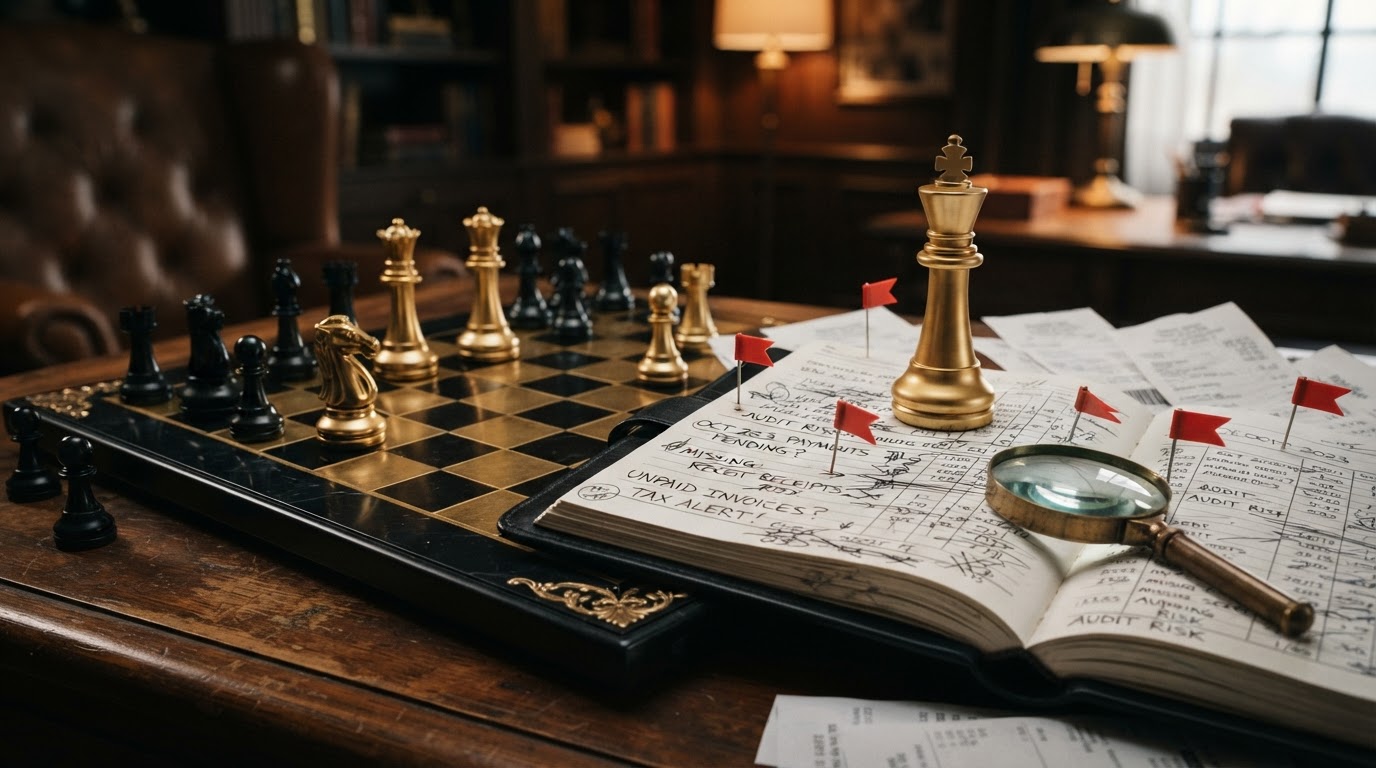 A dark obsidian chessboard with polished silver and emerald and black chess pieces, a tall emerald king chess piece standing alert beside a thick open black leather ledger book with messy disorganized pages, scattered crumpled receipts, small red warning flags, and a brass magnifying glass resting on the ledger, representing the signs that a small business needs bookkeeping cleanup, emerald and silver luxury chess style.