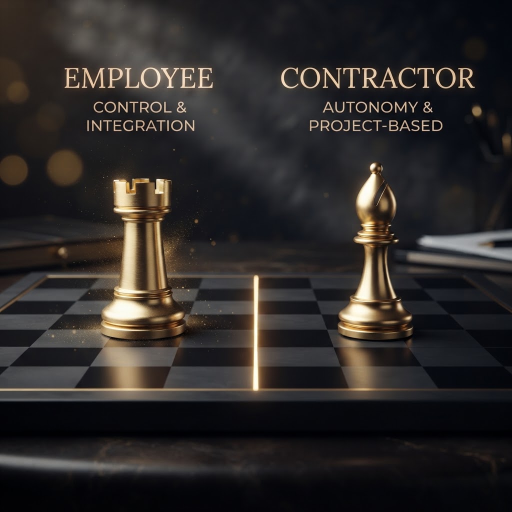 Two distinct emerald chess pieces, a rook and a bishop, on opposite sides of a dark chessboard separated by a glowing emerald dividing line, representing the clear distinction between classifying a worker as an employee or an independent contractor for payroll.