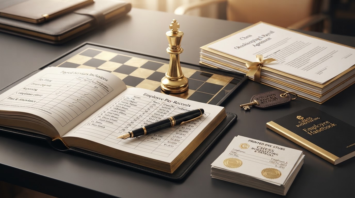 A polished silver and emerald chess king piece standing on a dark obsidian chessboard, beside an open black leather payroll ledger book showing neat columns of payroll service inclusions and employee pay records, a sleek black fountain pen with emerald nib resting on the ledger, a small neat stack of emerald trimmed payroll service agreement documents, a brass key representing an activated payroll account, a small emerald bound employee handbook booklet, and a small stack of printed pay stubs with emerald seals, all on a deep charcoal background with soft silver and emerald light, representing what is included in outsourced payroll services for small businesses for Chess Bookkeeping & Payroll.