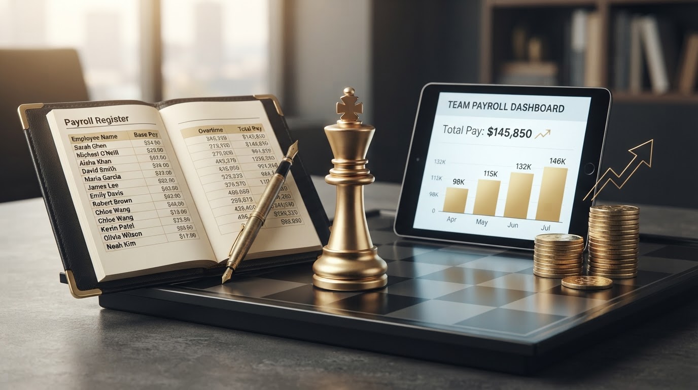 A polished silver and emerald chess king standing upright on a dark obsidian chessboard beside payroll objects for a growing business hiring more employees, including an open elegant black leather ledger book with emerald corner accents whose page shows a payroll register with a growing list of employee rows and columns for base pay and total pay, a sleek black tablet displaying a clean growing team payroll dashboard with a small emerald bar chart showing increasing employee pay totals, a growing neat stack of silver coins representing an expanding payroll run, a brass fountain pen resting on the open page, a small elegant emerald upward arrow icon drawn in thin emerald lines representing growth, all on a deep charcoal background with soft silver and emerald light, representing payroll for a growing business hiring more employees.