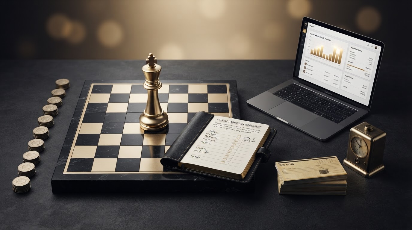 A polished silver and emerald chess king piece standing on a dark obsidian chessboard, beside an open elegant black leather notebook showing a clean payroll transition worksheet with neat rows and small emerald calendar icons marking pay dates, a sleek laptop showing a clean payroll dashboard with a small emerald bar chart on its screen, a neat stack of emerald trimmed employee pay stubs, and a small brass time clock, all on a deep charcoal background with soft silver and emerald light, representing how to switch payroll providers without disrupting payday for a small business for Chess Bookkeeping & Payroll.