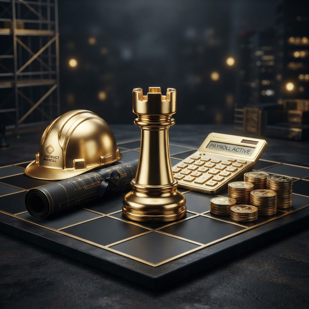 A polished silver and emerald chess rook standing on a dark charcoal chessboard beside construction payroll objects including a emerald hard hat, a rolled blueprint document, a emerald calculator, and stacked silver coins in neat rows, representing construction company payroll, certified payroll reporting, prevailing wage compliance, and job costing labor tracking for Chess Bookkeeping & Payroll.