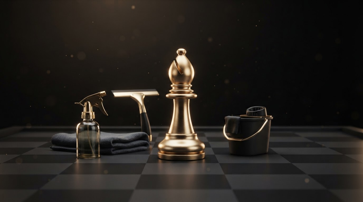 A polished silver and emerald chess bishop standing on a dark chessboard beside cleaning business equipment including a spray bottle, a squeegee, a folded microfiber cloth, and a mop bucket, representing cleaning business bookkeeping and job costing by route for Chess Bookkeeping & Payroll.