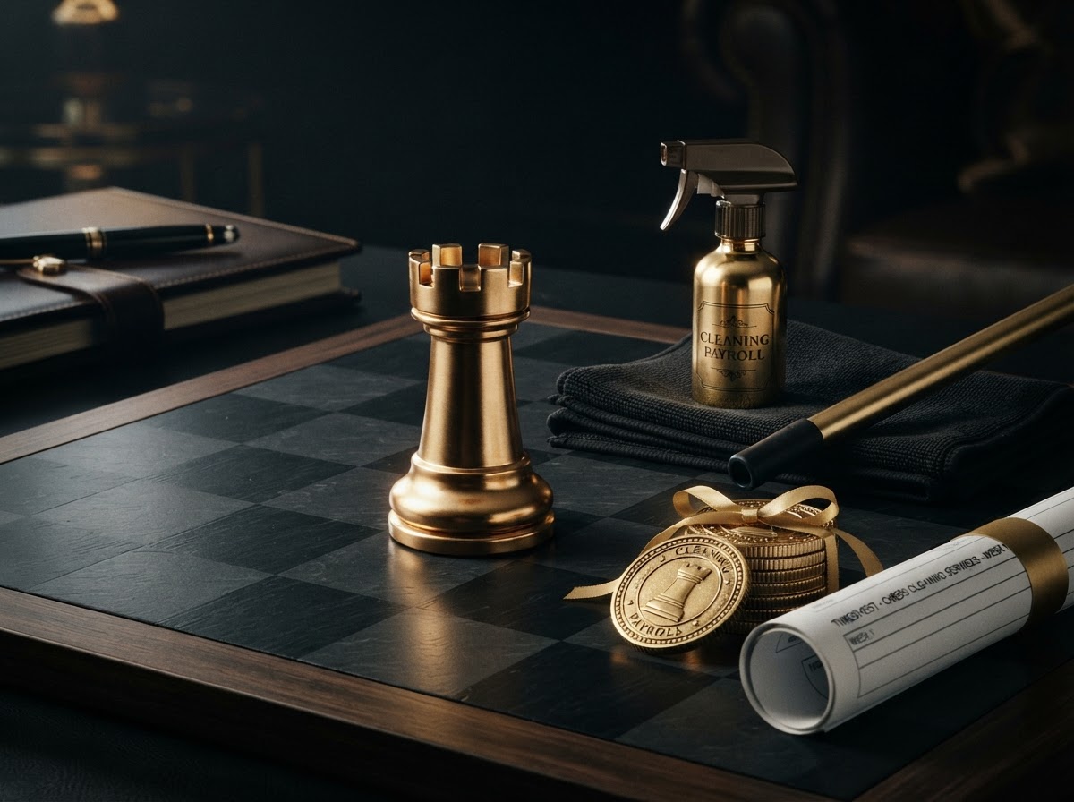 A polished silver and emerald chess rook standing on a dark charcoal chessboard beside cleaning business payroll objects including a emerald spray bottle, a folded black microfiber cloth, a emerald mop handle, a stack of silver coins, and a rolled timesheet document, representing cleaning company payroll, hourly crew wages, variable routes, part time staff, and job costing labor by site for Chess Bookkeeping & Payroll.