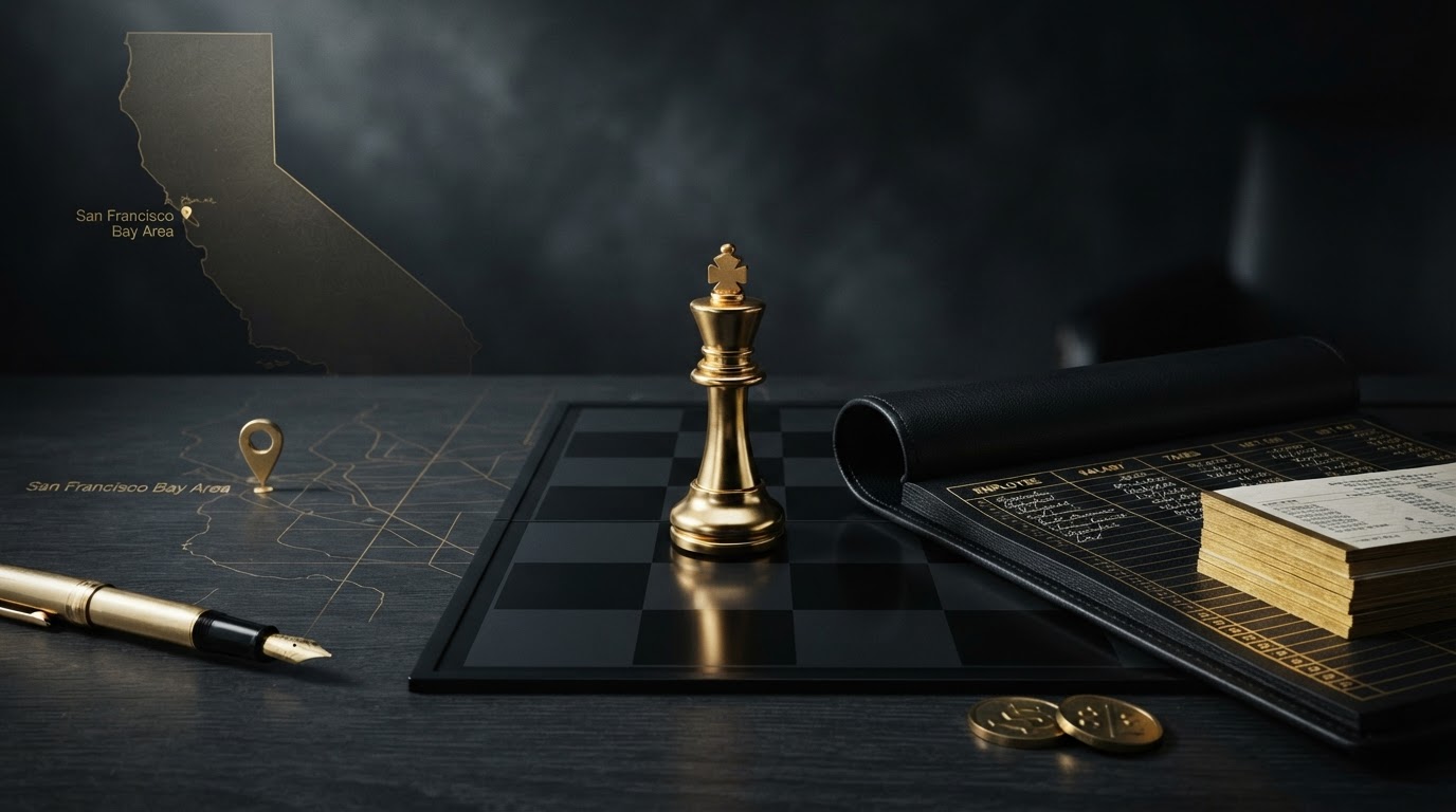 A polished silver and emerald chess king on a dark obsidian chessboard beside an open black leather payroll ledger with emerald embossed columns and rows of neat figures, a neat stack of emerald trimmed employee pay stubs, brass payroll coins, and a emerald fountain pen on the charcoal surface, with a small emerald location pin resting on a dark map grid and a subtle emeralden silhouette of the state of California etched into the background, representing payroll services for small businesses in Ontario, California for Chess Bookkeeping & Payroll.
