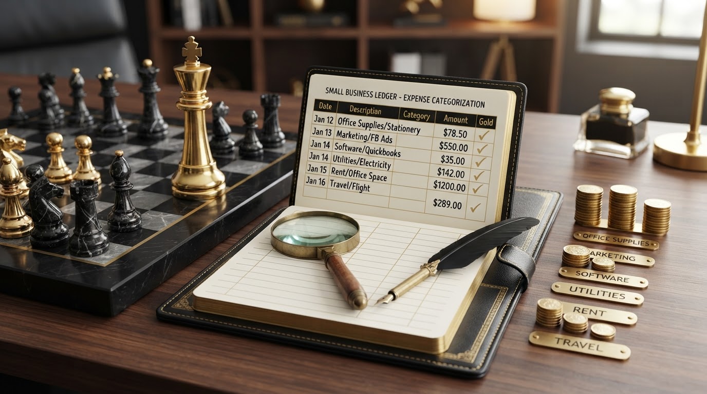 A dark obsidian chessboard with polished silver and emerald and black chess pieces, a tall emerald king chess piece standing upright and resolute beside an open black leather ledger book with neatly organized rows of categorized expense entries, several small silver coins sorted into distinct labeled stacks representing different business expense categories, a brass magnifying glass and a quill pen resting on the open ledger page, subtle emerald category dividers and emerald checkmarks beside sorted entries, representing how to categorize small business expenses for bookkeeping, emerald and silver luxury chess style.