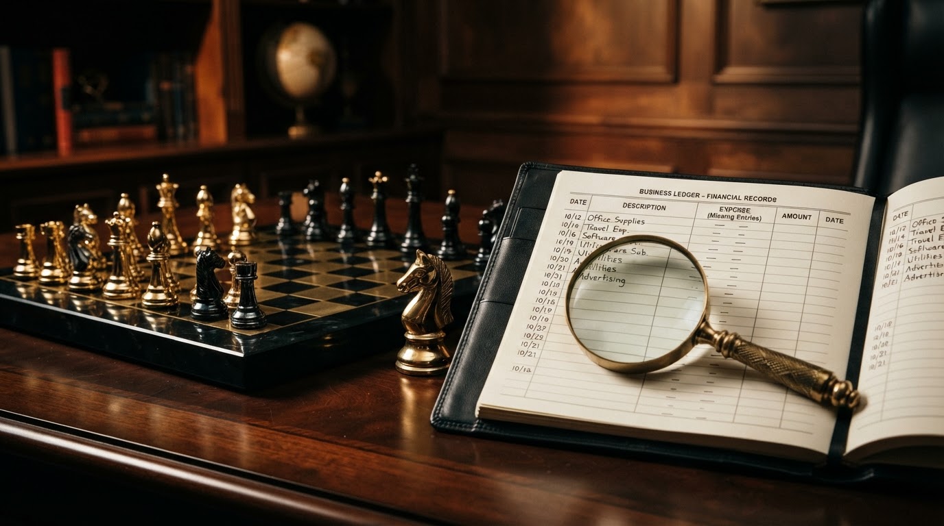 A dark obsidian chessboard with polished silver and emerald and black chess pieces, a emerald knight piece standing upright beside an open black leather ledger book showing an expense column with blank gaps and missing entries, a brass magnifying glass resting on the page examining the empty rows where expenses should be recorded, representing how to handle unrecorded business expenses in bookkeeping for a small business, emerald and silver luxury chess style.
