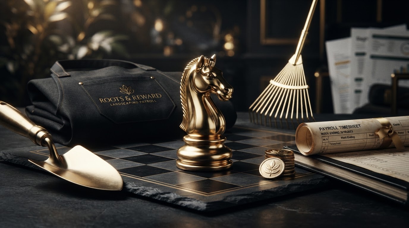 A polished silver and emerald chess knight standing on a dark charcoal chessboard beside landscaping payroll objects including a emerald trowel, a folded black work apron, a emerald leaf rake, a stack of silver coins, and a rolled timesheet document, representing landscaping company payroll, hourly field crew wages, seasonal hires, prevailing wage, and job costing labor by site for Chess Bookkeeping & Payroll.