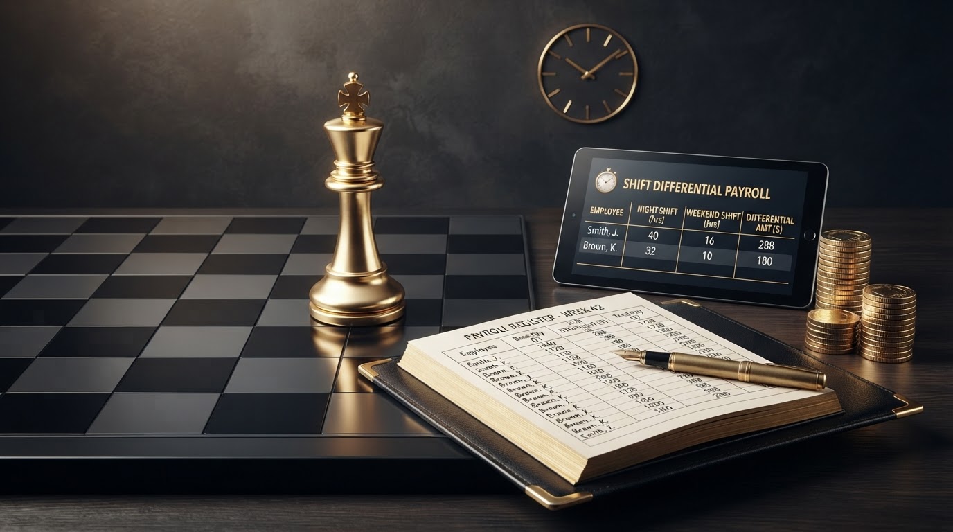 A polished silver and emerald chess king standing upright on a dark obsidian chessboard beside payroll objects for a business with shift differentials, including an open elegant black leather ledger book with emerald corner accents whose page shows a payroll register with columns for base pay, shift differential, and total pay, a sleek black tablet displaying a clean shift differential payroll dashboard with a small emerald clock icon and columns for night shift and weekend shift hours, silver coins arranged in two separate tidy stacks representing base wages and shift differential pay, a brass fountain pen resting on the open page, a small elegant emerald clock face drawn in thin emerald lines, all on a deep charcoal background with soft silver and emerald light, representing payroll for businesses with shift differentials.