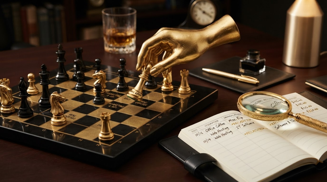 A dark obsidian chessboard with several emerald and black chess pieces sitting on the wrong squares being carefully lifted and moved to their correct positions, beside an open black leather ledger book showing expense category columns with entries crossed out and rewritten into the correct columns with emerald ink, with a emerald magnifying glass hovering over the reclassified entries, representing how to correct misclassified business expenses in a small business.