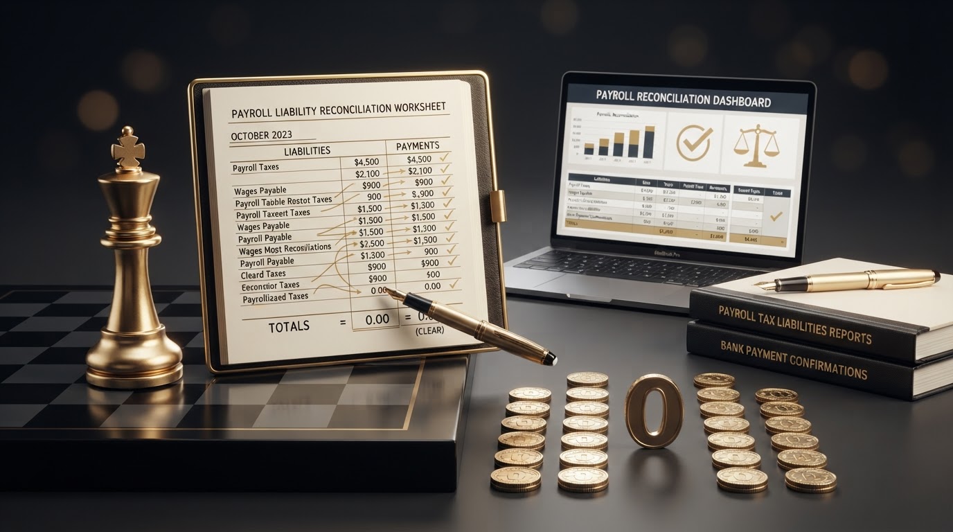 A polished silver and emerald chess king standing on a dark obsidian chessboard beside an open elegant emerald framed ledger book whose page shows a payroll liability reconciliation worksheet with two side by side columns of figures, one column labeled liabilities and one labeled payments, with each row in the two columns connected by a thin emerald line and a small emerald checkmark confirming the balance clears to zero, a small emerald equals sign with a emerald zero at the bottom of the worksheet, a emerald fountain pen resting on the last row being reconciled, a small sleek laptop computer showing a clean reconciliation dashboard with a small emerald balance scale icon and a small emerald checkmark icon on its screen, a neat stack of payroll tax liability reports and bank payment confirmations side by side with a emerald fountain pen resting on them, small silver coins arranged in two matching rows with a small emerald zero token between them to show the liabilities and payments balance out, all on a deep charcoal background with soft silver and emerald light, representing how to reconcile payroll liabilities so the balance clears to zero.
