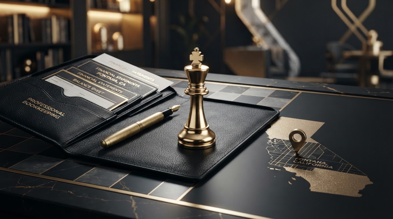 A polished silver and emerald chess king piece on a dark obsidian chessboard beside an open black leather portfolio of emerald trimmed financial statements and a brass fountain pen, with a small emerald location pin resting on a dark map grid and a subtle emeralden California state silhouette in the charcoal background, representing bookkeeping needs of small businesses in Fontana, California for Chess Bookkeeping & Payroll.