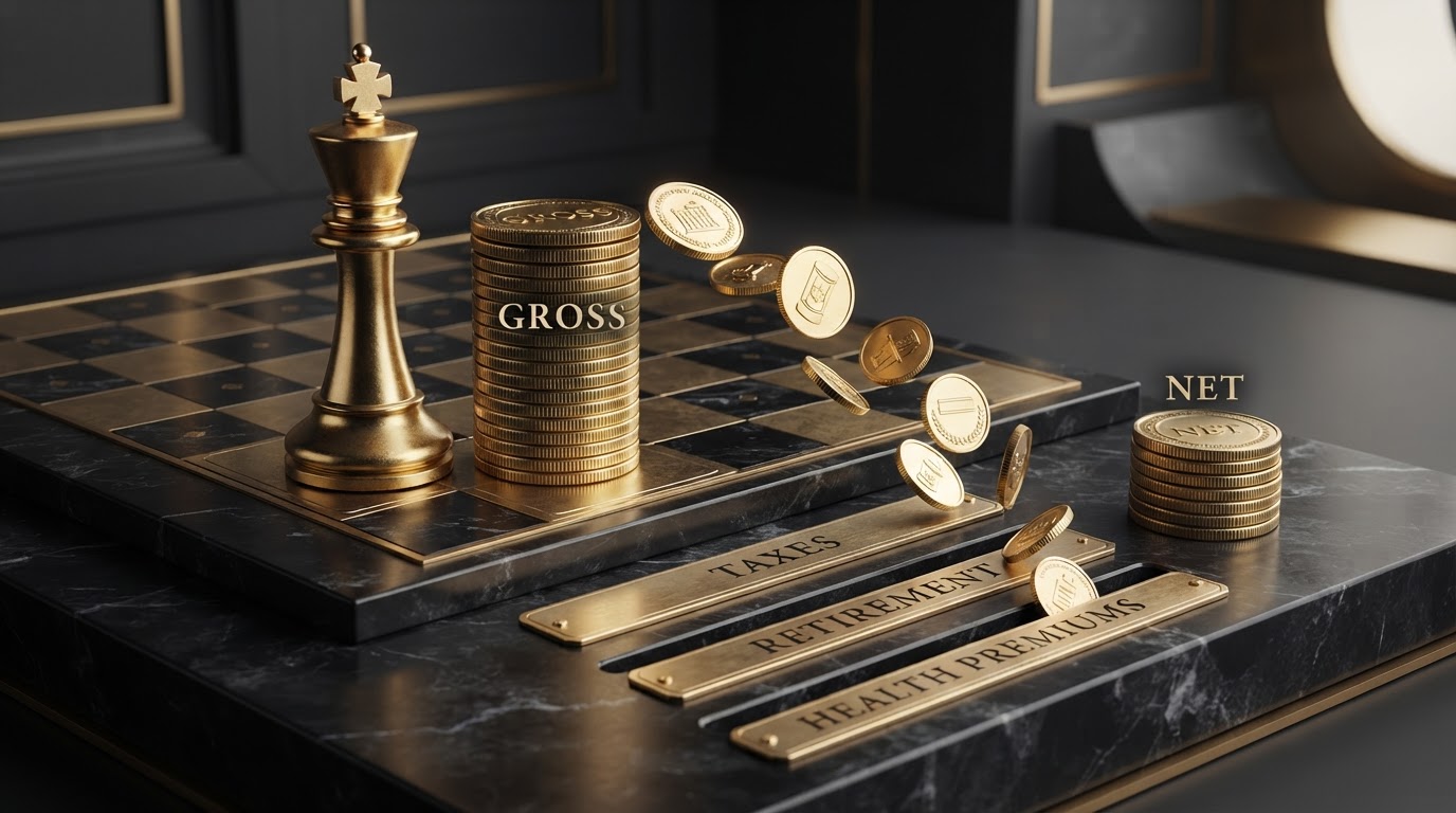 A polished silver and emerald chess king standing on a dark obsidian chessboard beside a tall stack of silver coins labeled GROSS, with smaller silver coins and emerald tokens being subtracted into separate labeled slots for taxes, retirement, and health premiums and leaving a smaller remaining stack of silver coins labeled NET, representing how payroll deductions reduce gross pay to net pay for employers.