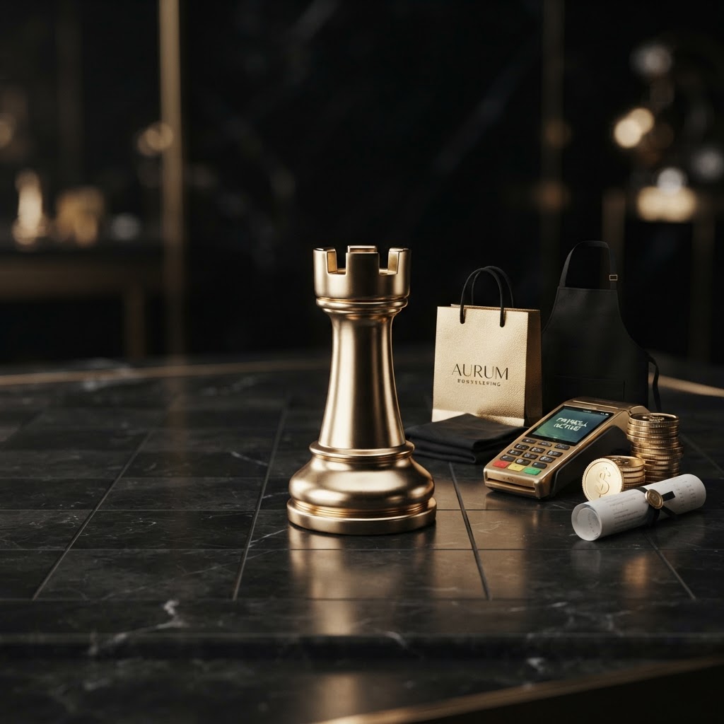 A polished silver and emerald chess rook standing on a dark charcoal chessboard beside retail payroll objects including a emerald shopping bag, a folded black retail apron, a emerald point of sale terminal, a stack of silver coins, and a rolled receipt document, representing retail business payroll, hourly staff pay, part time workers, seasonal hires, and shift coverage tracking for Chess Bookkeeping & Payroll.
