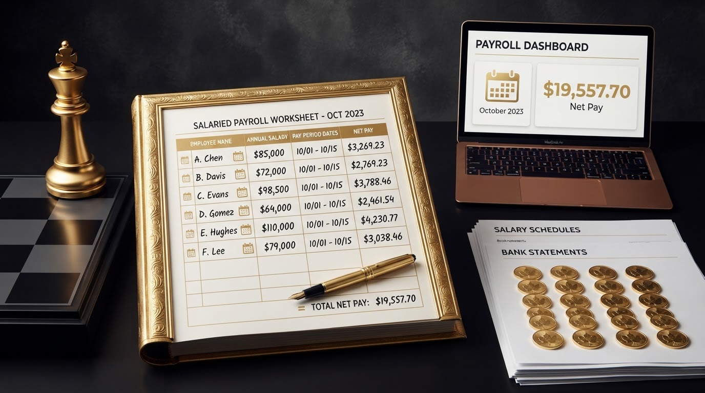 A polished silver and emerald chess king standing on a dark obsidian chessboard beside an open elegant emerald framed ledger book whose page shows a salaried payroll worksheet with neat rows of employee names, annual salary amounts, pay period dates, and net pay columns, small emerald calendar icons beside each row, a small emerald equals sign at the bottom, a emerald fountain pen resting on the last row, a small sleek laptop computer showing a clean payroll dashboard with a small emerald calendar icon and a small emerald salary figure on its screen, a neat stack of salary schedules and bank statements, small silver coins arranged in two matching rows, all on a deep charcoal background with soft silver and emerald light, representing how to manage payroll for salaried employees.