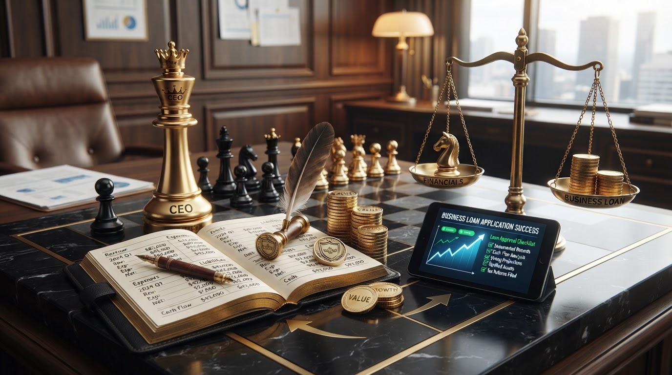 A dark obsidian chessboard with polished silver and emerald and black chess pieces, a tall emerald king chess piece standing upright and resolute beside an open black leather ledger book showing organized financial records with clean columns labeled revenue, expenses, assets, liabilities, and cash flow, rows of silver coins neatly arranged in balanced stacks, a sleek black tablet displaying a financial dashboard with a rising trend line and a loan approval checklist, a brass balance scale weighing a emerald chess piece against stacks of silver coins representing the balance between prepared financial records and a business loan, a quill pen and a brass seal stamp resting on the open ledger page, a small emerald key symbolizing a loan agreement, subtle emerald arrows showing the flow from organized books to a loan approval, representing how to prepare financial records for a business loan for a small business, emerald and silver luxury chess style.