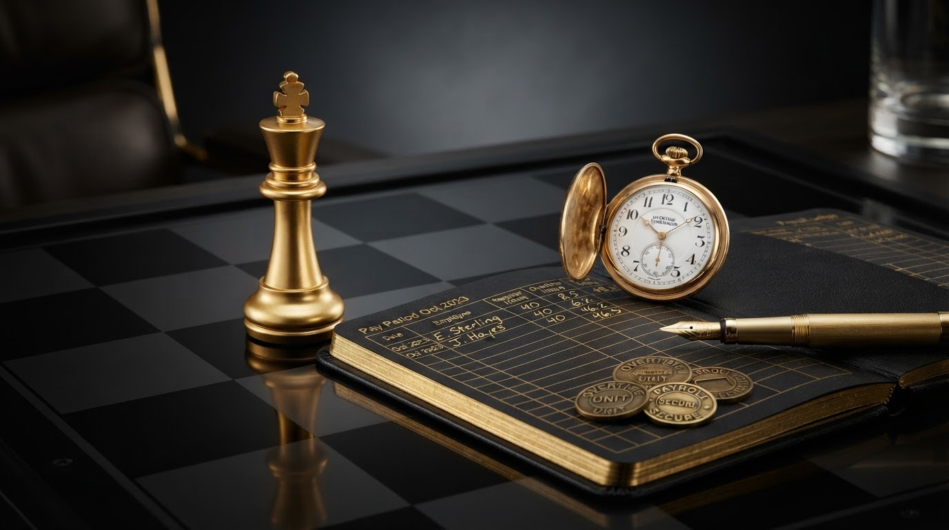 A polished silver and emerald chess king on a dark obsidian chessboard beside an open black leather payroll ledger with emerald embossed time columns and hour rows, a vintage emerald pocket watch with an open face resting nearby with its hands pointing past a clock threshold, brass payroll coins and a emerald fountain pen on the dark ledger, representing California overtime rules for small employers for Chess Bookkeeping & Payroll.