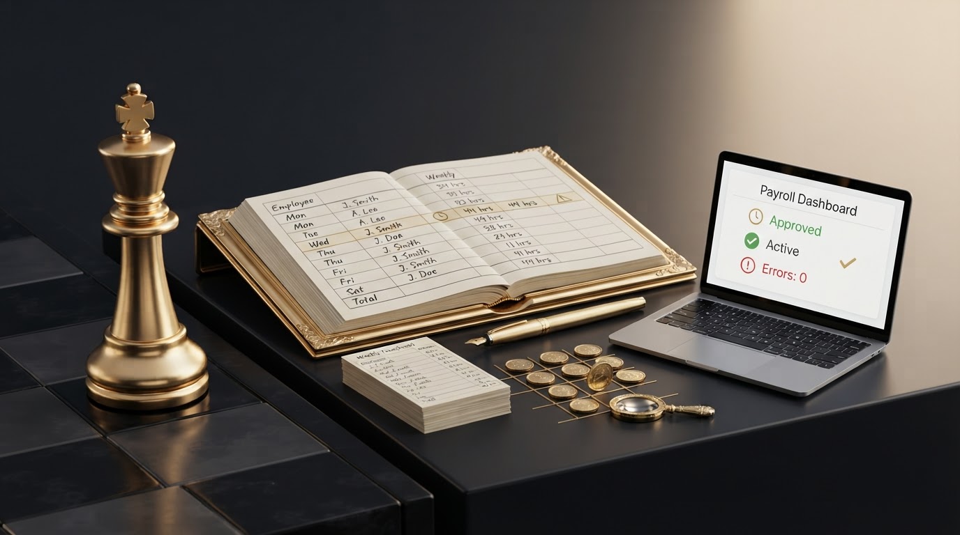 A polished silver and emerald chess king standing on a dark obsidian chessboard beside an open elegant emerald framed ledger book whose page shows neat rows of weekly timesheet entries with one row marked by a small emerald clock icon and a small emerald warning triangle icon to represent a timesheet error caught before payroll, a small sleek laptop computer showing a clean payroll dashboard with a small emerald clock icon and a small emerald checkmark icon on its screen, a neat stack of weekly timesheet cards and a emerald fountain pen resting on the ledger, small silver coins arranged in a grid with one coin in the wrong cell to show a wrong hours total, and a small emerald magnifying glass token, all on a deep charcoal background with soft silver and emerald light, representing how to prevent timesheet errors before payroll.