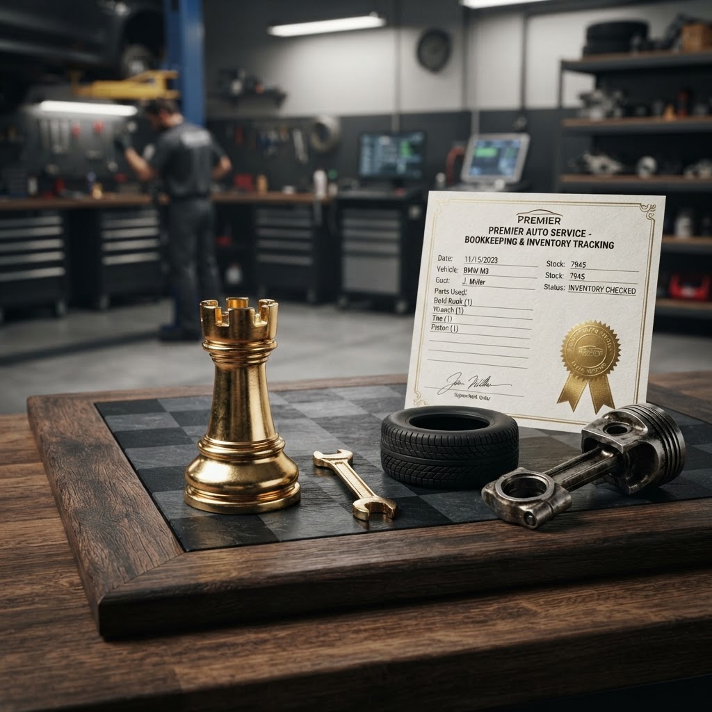 A polished silver and emerald chess rook standing on a dark chessboard beside auto repair shop objects including a emerald wrench, a black tire, a car engine piston, and a repair work order document with a emerald seal, representing auto repair shop bookkeeping and parts inventory tracking for Chess Bookkeeping & Payroll.